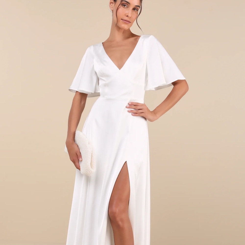 Lulu's White V-Neck Wedding Dress